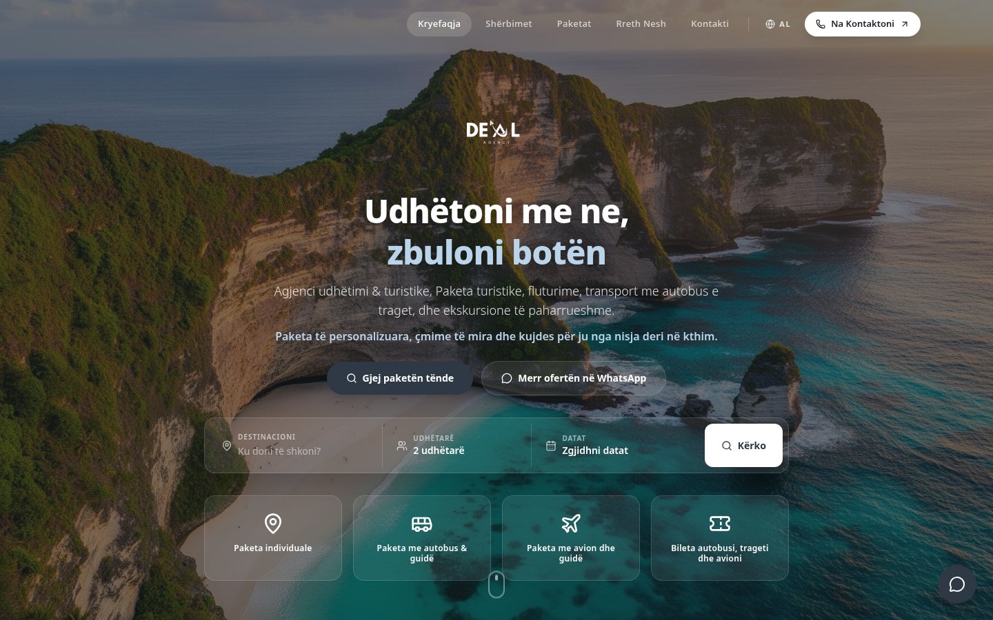 Deal Travel Agency homepage with a coastal hero image and trip search